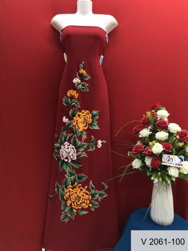 Vải Áo Dài Nhung Vẽ Hoa Cúc AD V2061-100 3